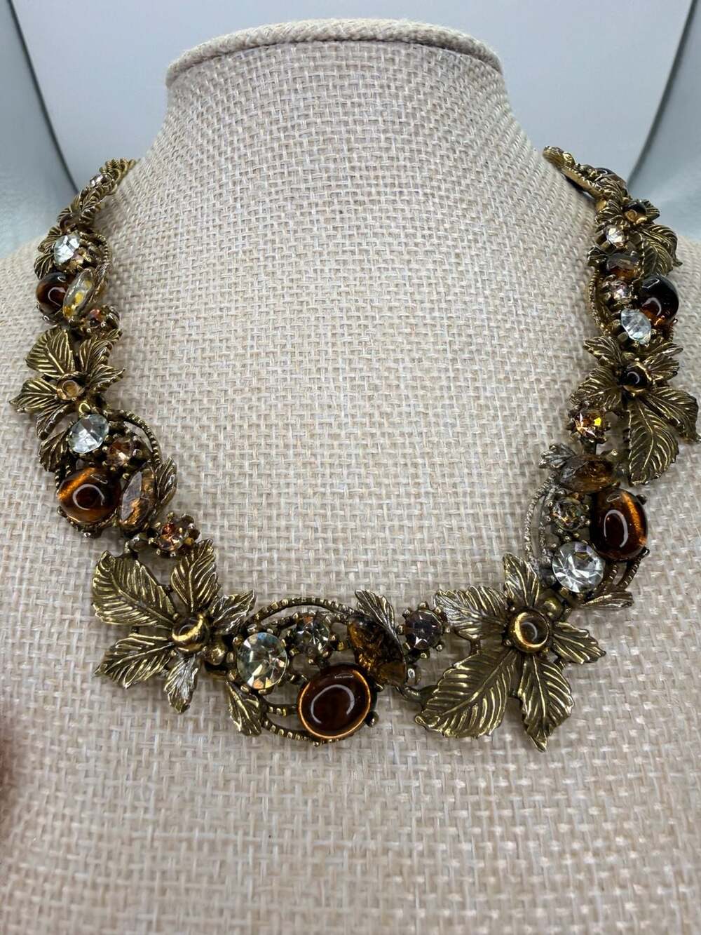 Art Vintage Autumn Leaf Amber Rhinestone Gold Tone 16"